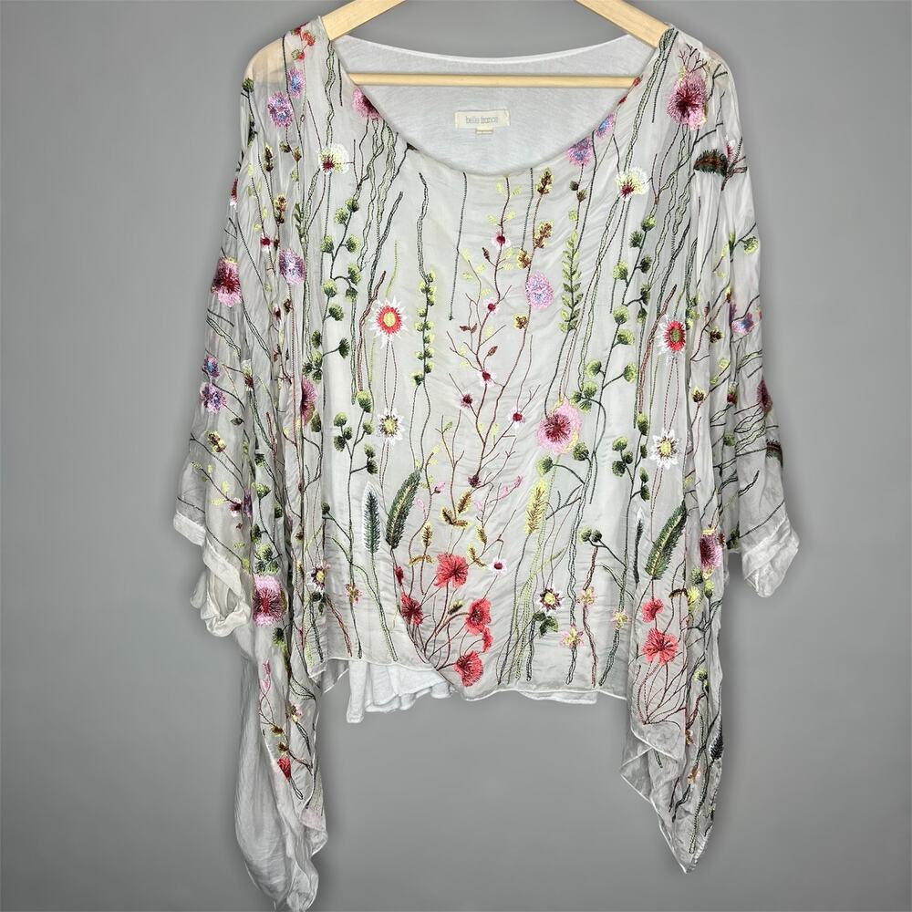 Belle France Poncho Top Large Womens Silk Embroidered Floral Overlay Cottagecore